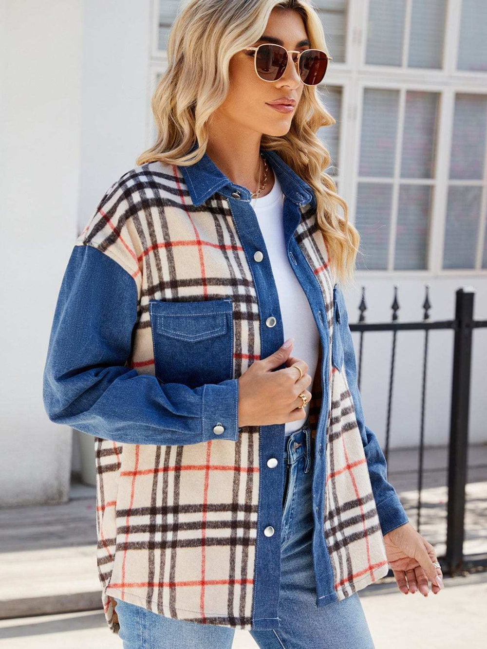 Plaid Long Sleeve Denim Jacket - Trendsi - Flyclothing LLC