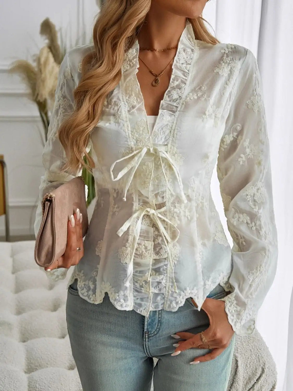 Devine Tied Frill V-Neck Long Sleeve Lace Top - Trendsi