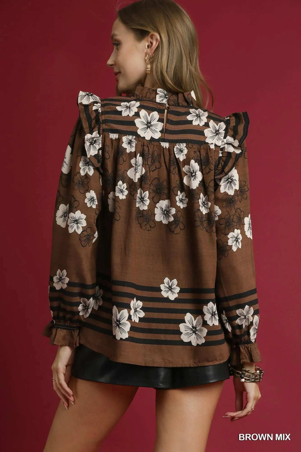 Umgee Full Size Mix Floral Smocked Ruffle Blouse Plus Size - Trendsi - Flyclothing LLC