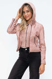 Snobbish Faux Leather Zip Up Drawstring Hooded Jacket - Trendsi - Flyclothing LLC