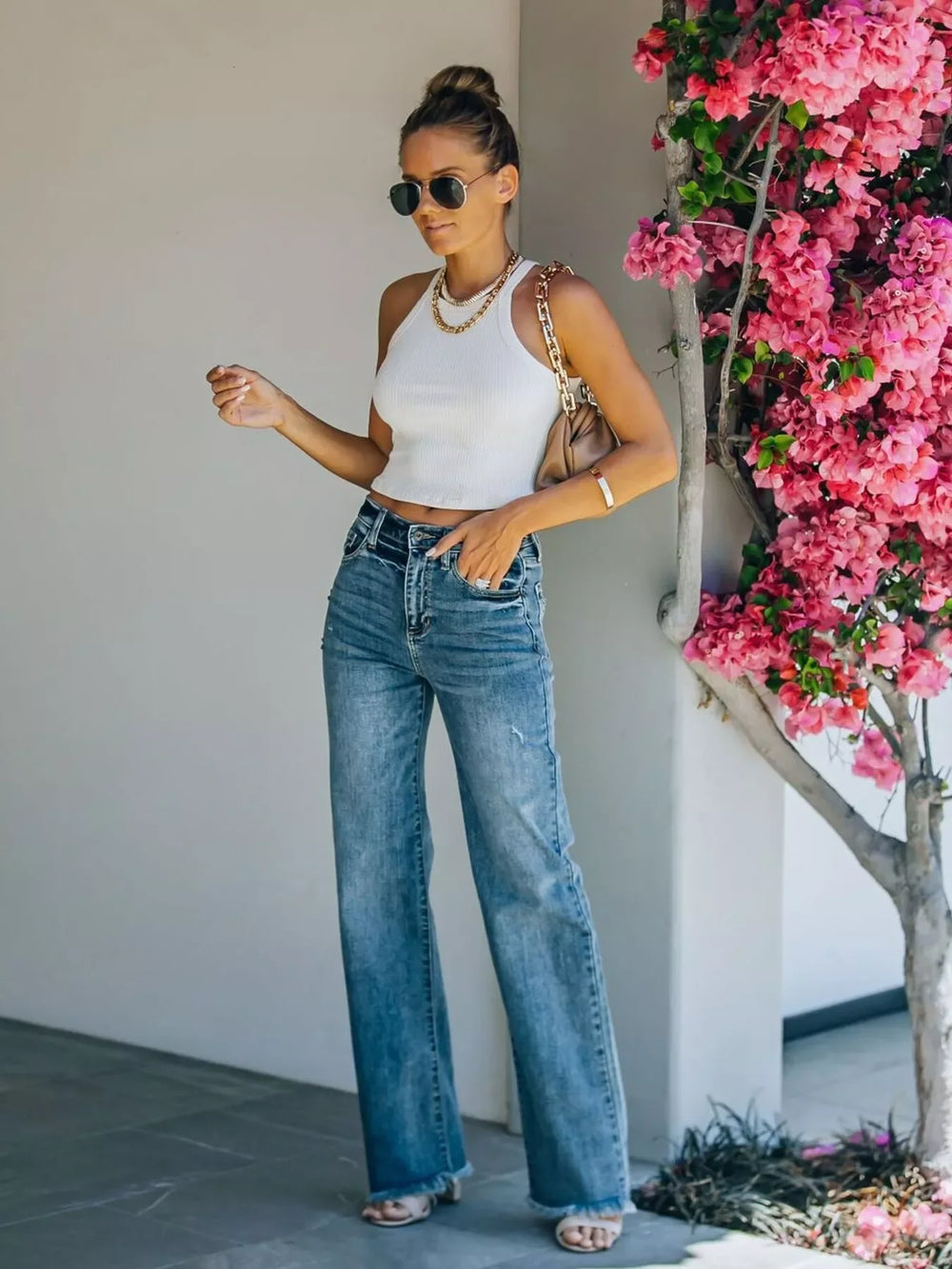 Frayed Hem High-Waisted Wide Leg Jeans - Trendsi - Flyclothing LLC