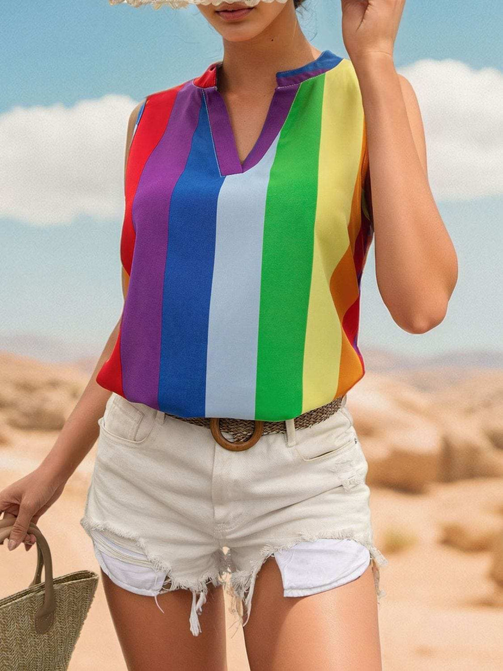 Color Block Notched Sleeveless Top - Trendsi - Flyclothing LLC