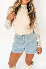 Mock Neck Long Sleeve Lace Patchwork T-Shirt - Trendsi - Flyclothing LLC