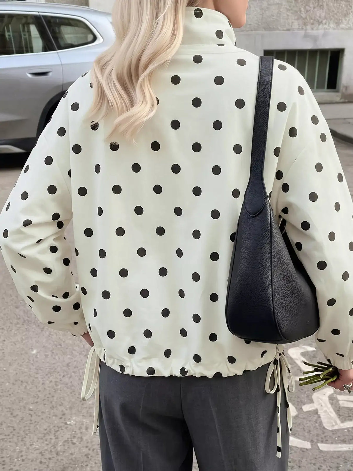 Polka Dot Stand-Collar Casual Jacket - Trendsi - Flyclothing LLC