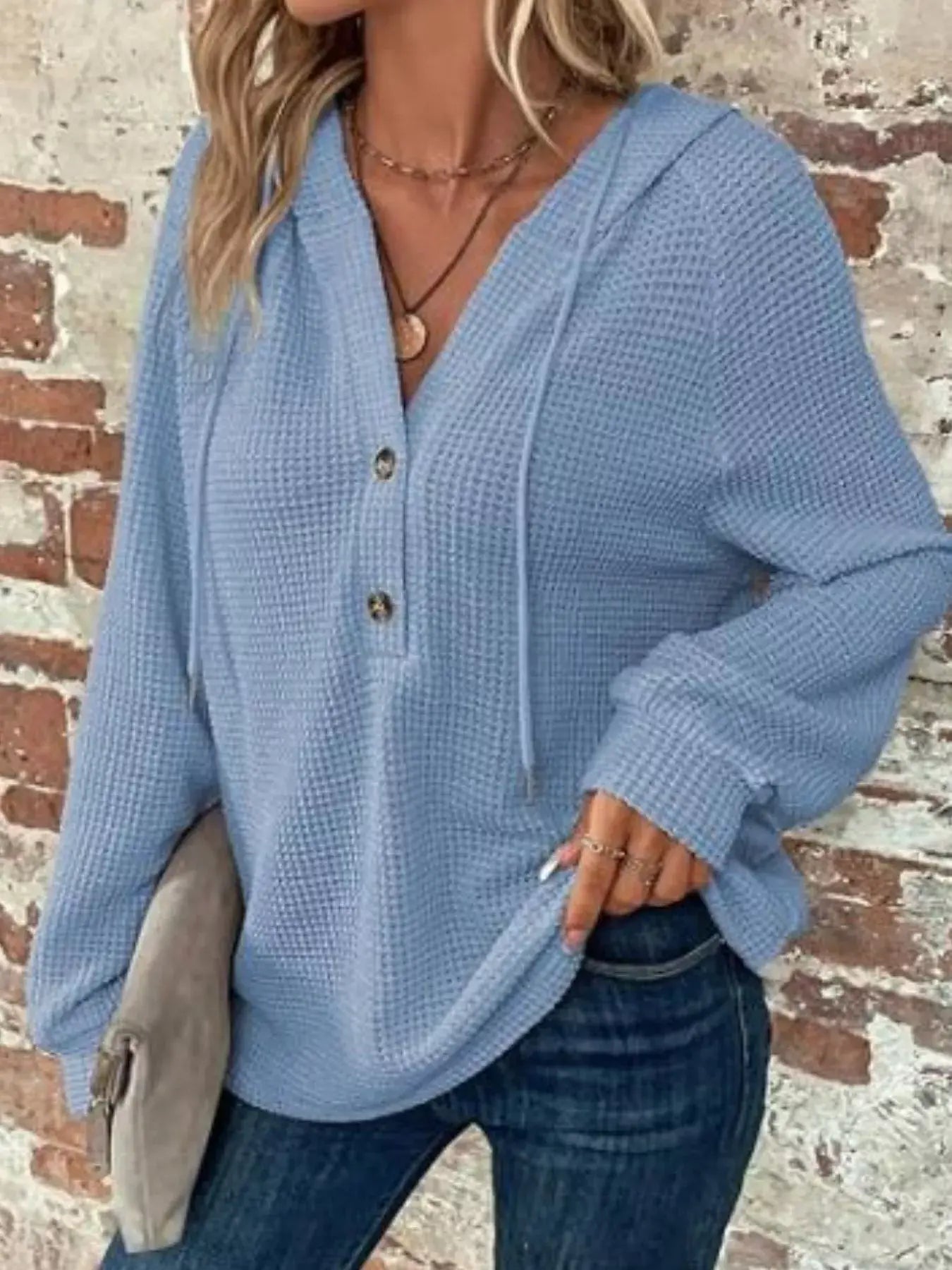 Waffle Knit Button Detail Hoodie - Trendsi - Flyclothing LLC