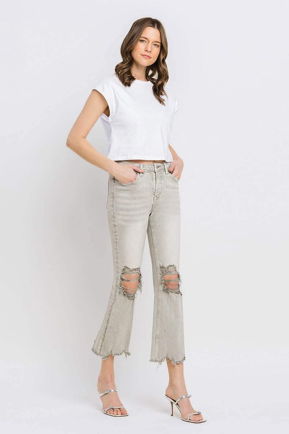 Lovervet Distressed Raw Hem Cropped Flare Jeans - Trendsi - Flyclothing LLC