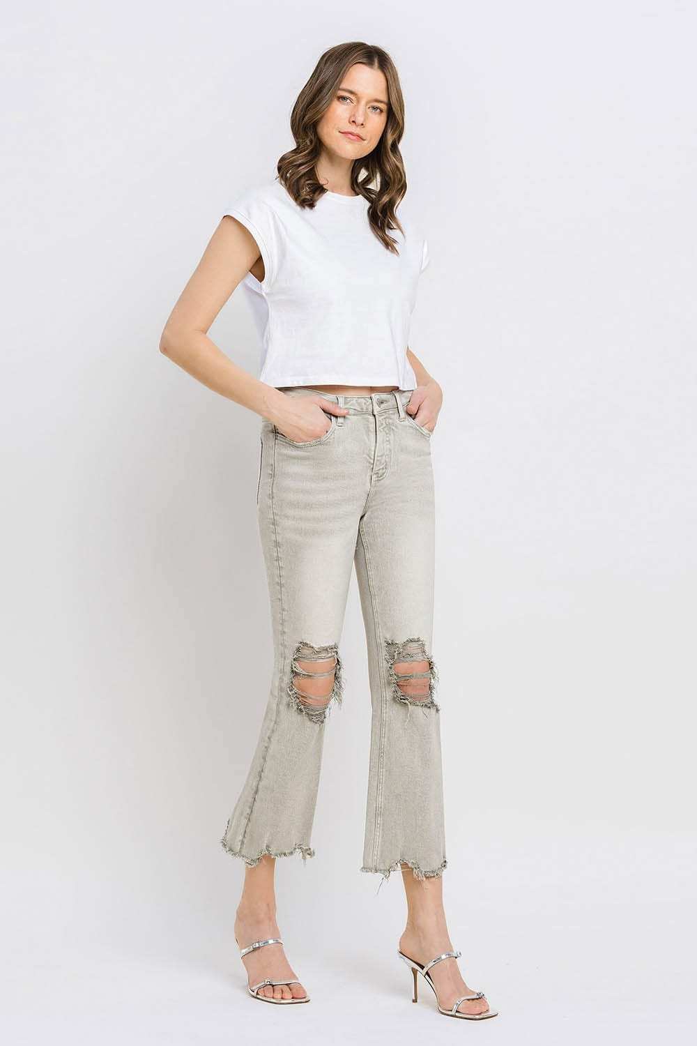 Lovervet Distressed Raw Hem Cropped Flare Jeans - Trendsi - Flyclothing LLC