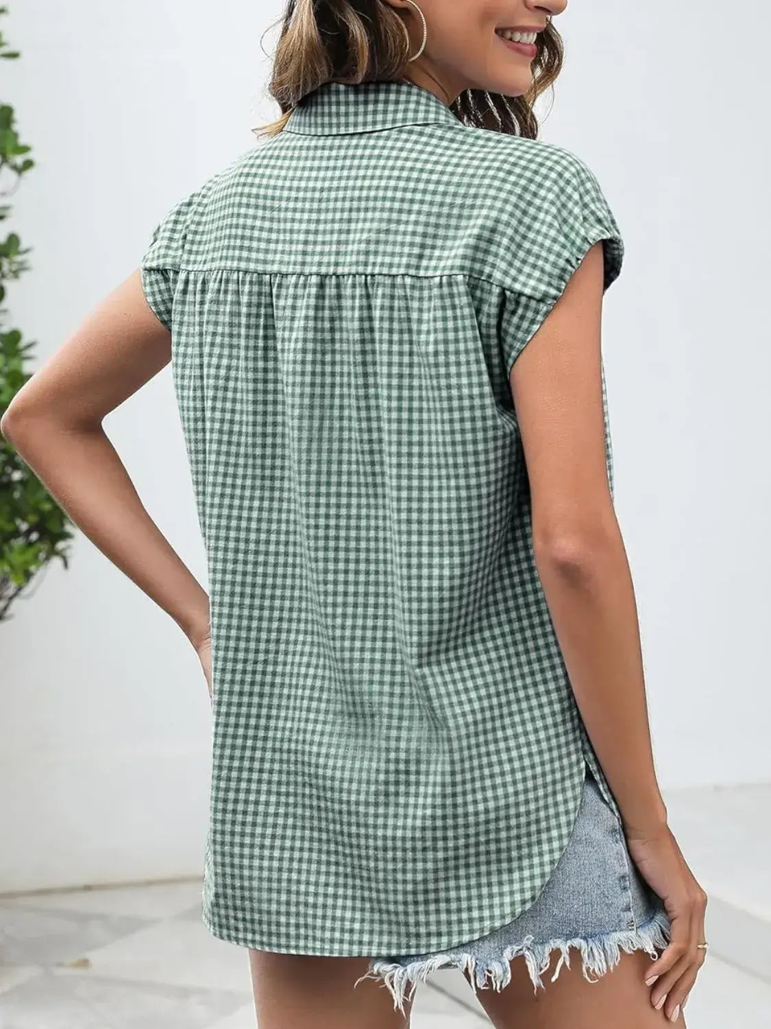 Plaid Button Up Cap Sleeve Shirt - Trendsi - Flyclothing LLC