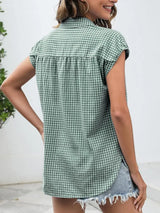 Plaid Button Up Cap Sleeve Shirt - Trendsi - Flyclothing LLC