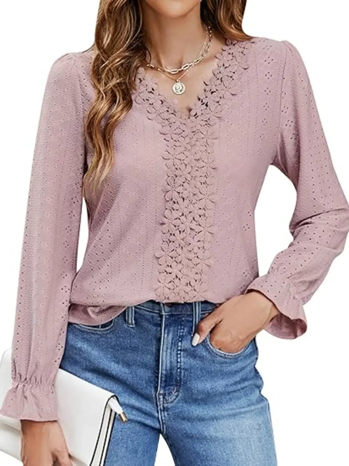 Lace Detail Eyelet V-Neck Flounce Sleeve Blouse - Trendsi - Flyclothing LLC