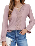 Lace Detail Eyelet V-Neck Flounce Sleeve Blouse - Trendsi