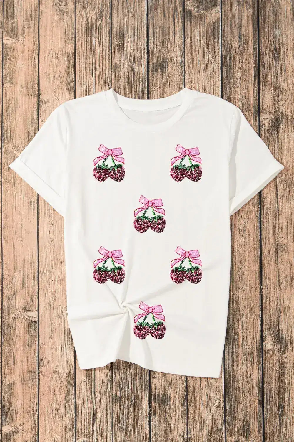 Sequin Cherry Round Neck Short Sleeve T-Shirt - Trendsi - Flyclothing LLC