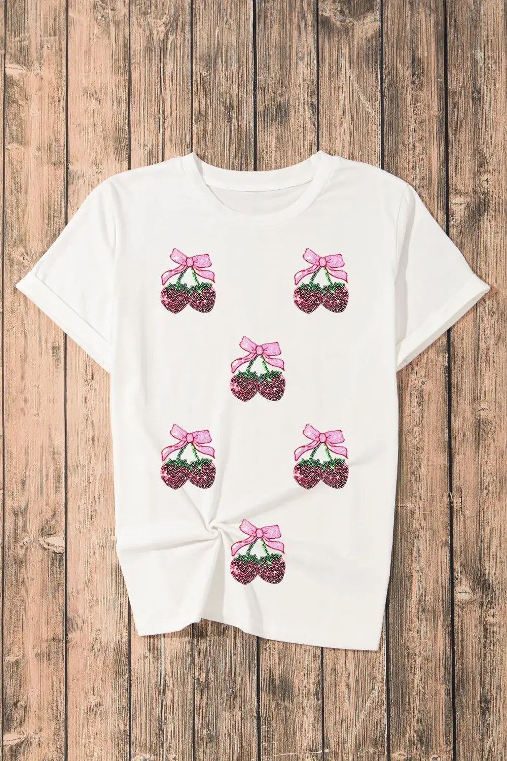 Sequin Cherry Round Neck Short Sleeve T-Shirt - Trendsi - Flyclothing LLC