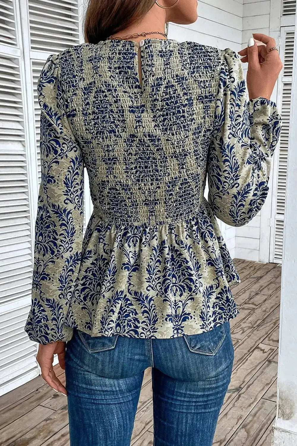 Peplum Printed Round Neck Long Sleeve Blouse - Trendsi - Flyclothing LLC