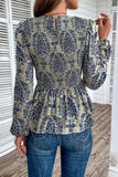 Peplum Printed Round Neck Long Sleeve Blouse - Trendsi - Flyclothing LLC