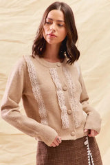 SO ME Front Lace Trim Button Cardigan Sweater - Trendsi - Flyclothing LLC