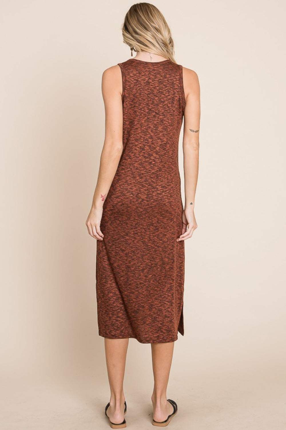 BOMBOM Slit Round Neck Sleeveless Midi Dress - Trendsi - Flyclothing LLC