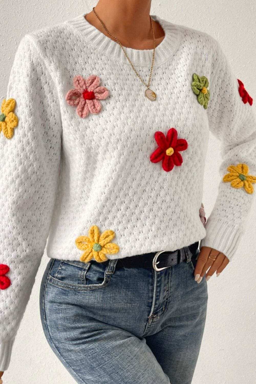 Crochet Flower Round Neck Long Sleeve Sweater - Trendsi - Flyclothing LLC