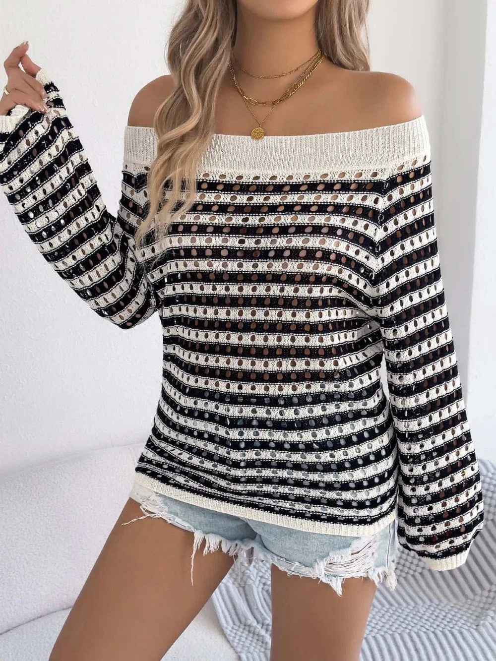Openwork Striped Off-Shoulder Knit Top - Trendsi - Flyclothing LLC