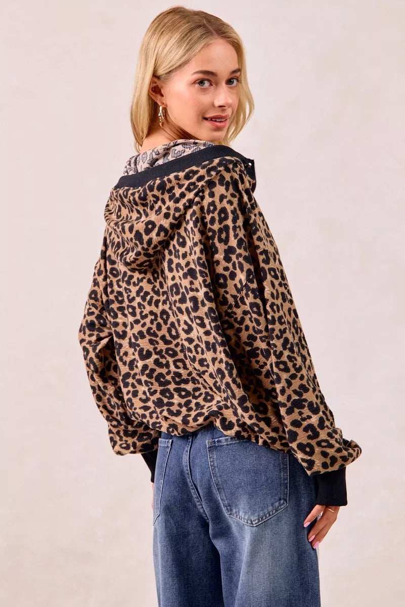 BiBi Leopard Print Waffle Half Zip Up Hoodie W Pocket - Trendsi - Flyclothing LLC