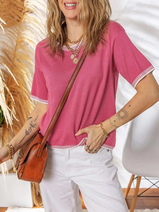 Short Sleeve Round Neck Knit Top - Trendsi - Flyclothing LLC