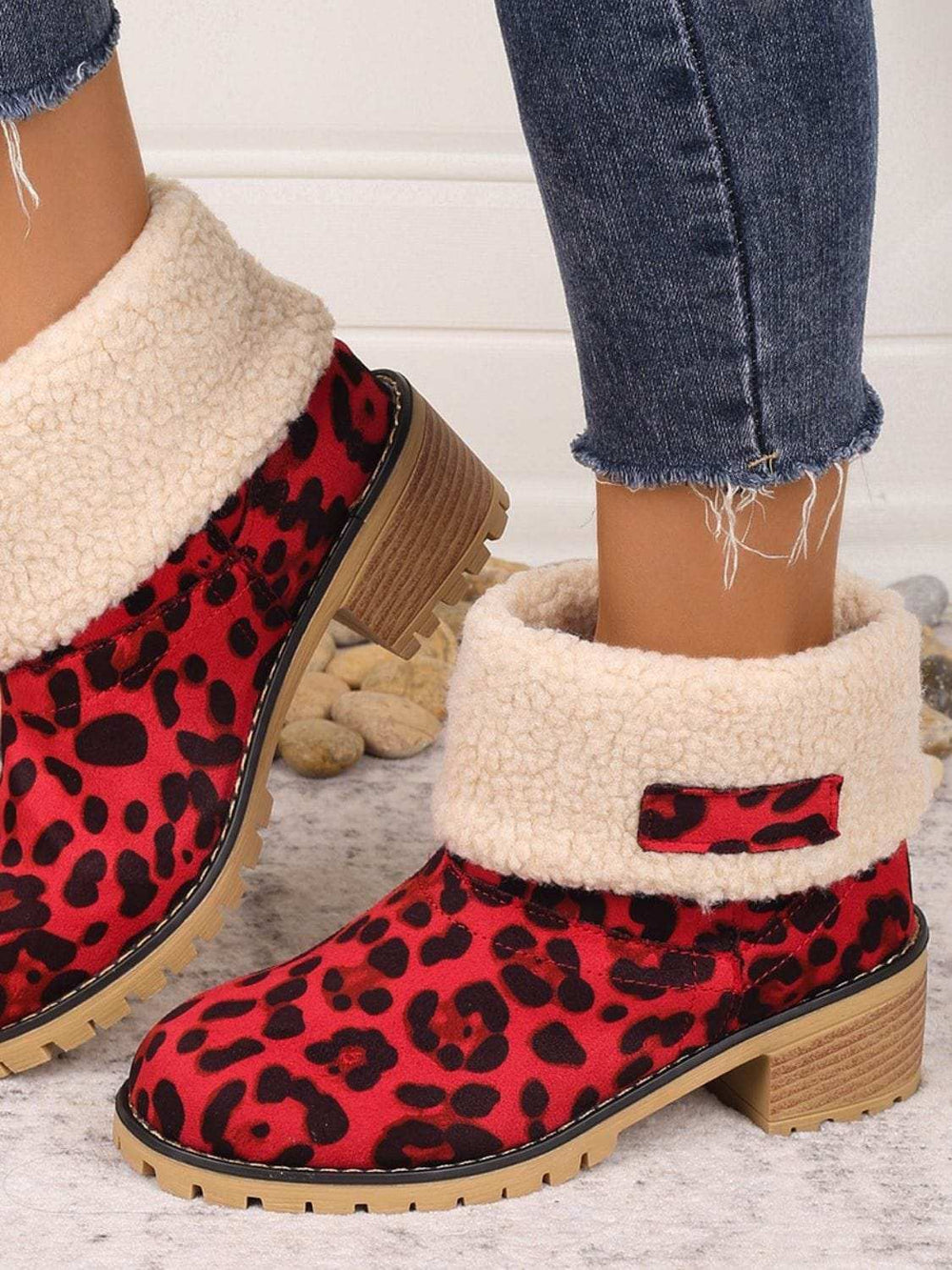 Leopard Block Heel Fuzzy Boots - Trendsi - Flyclothing LLC