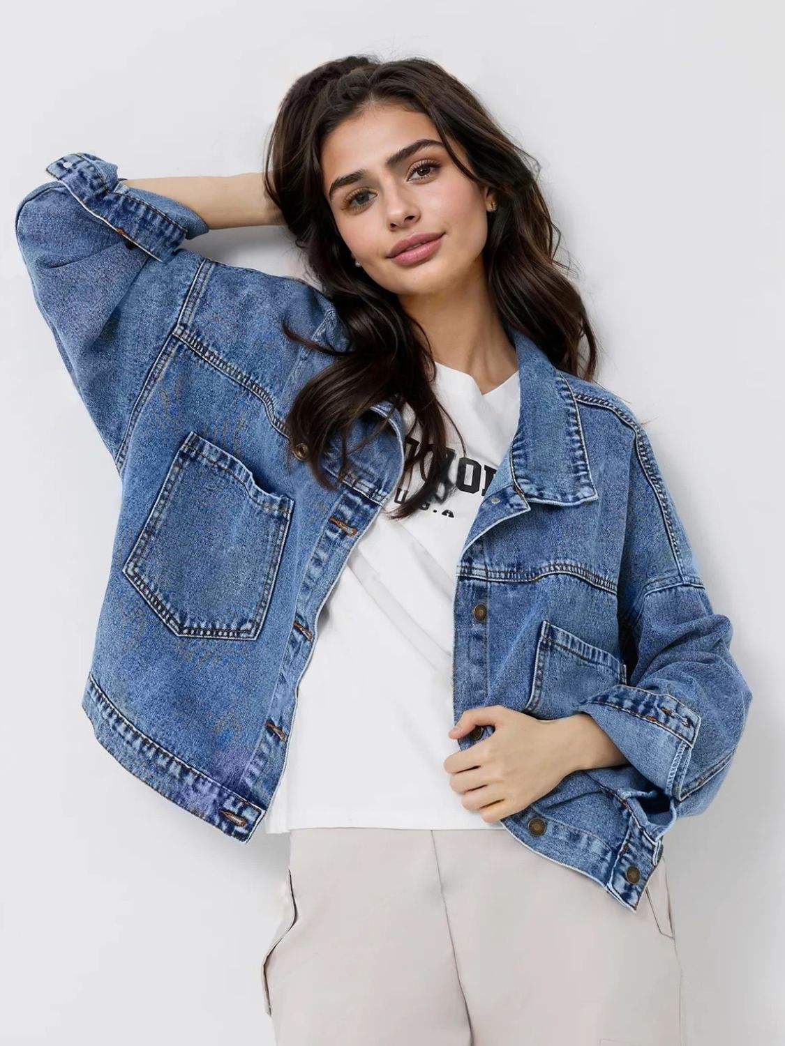 Pocketed Button Up Long Sleeve Denim Top - Trendsi - Flyclothing LLC
