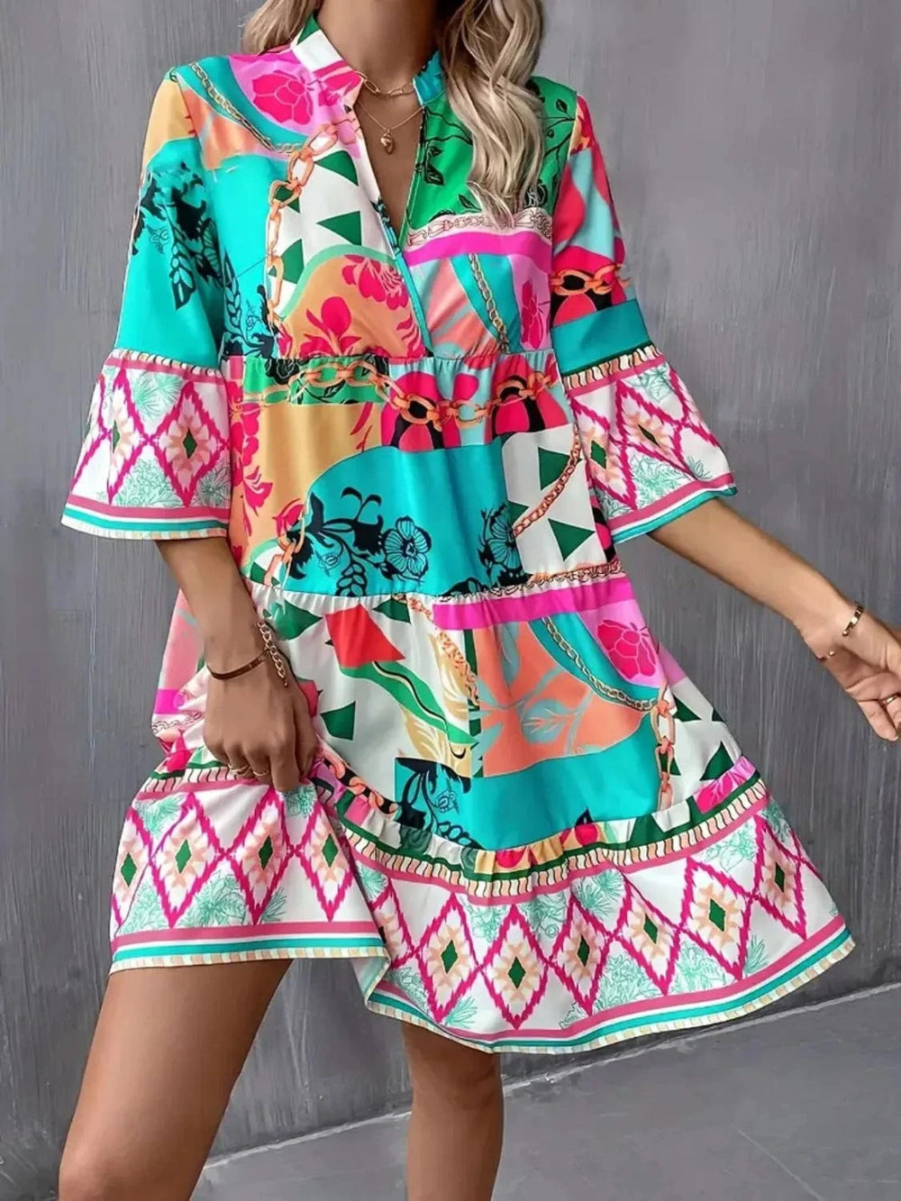 Printed Notched 3/4 Sleeve Tiered Dress - Trendsi