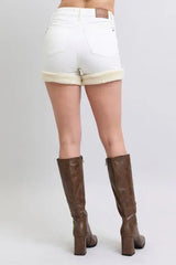 Judy Blue Full Size High Waist Shearling Cuff Denim Shorts Plus Size - Trendsi - Flyclothing LLC