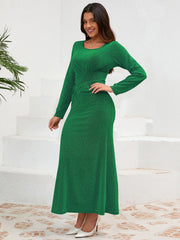 Ruched Round Neck Long Sleeve Dress - Trendsi