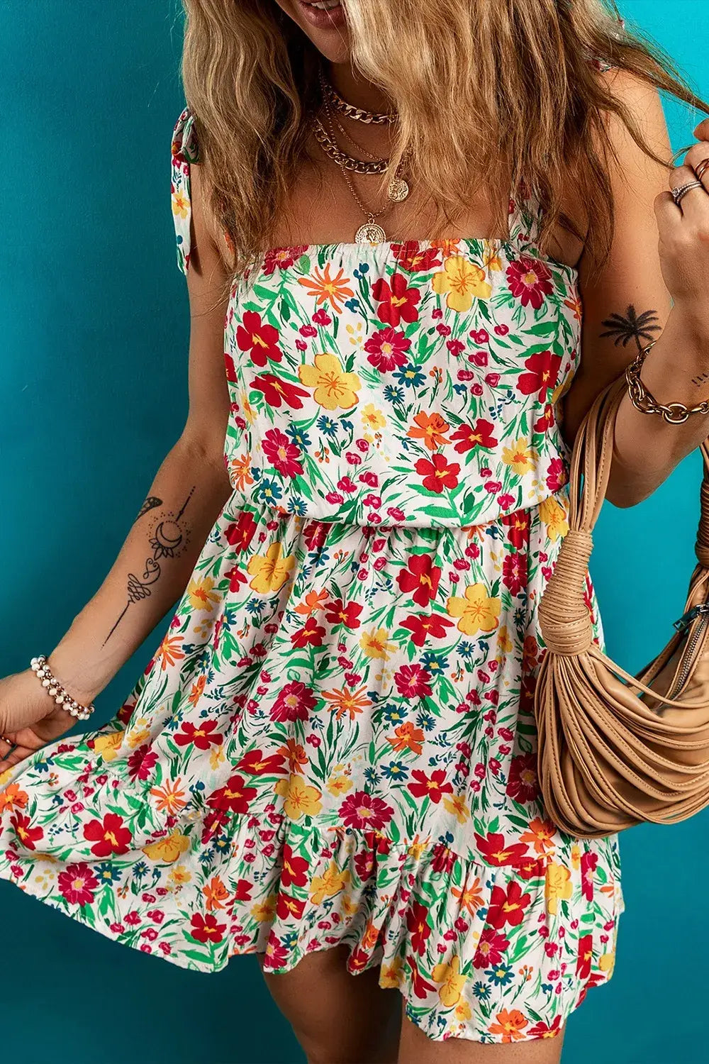 Floral Knotted Straps Cinched Waist Ruffle Hem Mini Dress - Trendsi - Flyclothing LLC