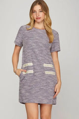 She + Sky Full Size Short Sleeve Pearl Studded Trim Knit Tweed Dress Plus Size - Trendsi - Flyclothing LLC