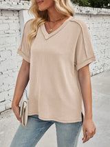 Cord Ribbed V-Neck Short Sleeve T-Shirt - Trendsi - Flyclothing LLC