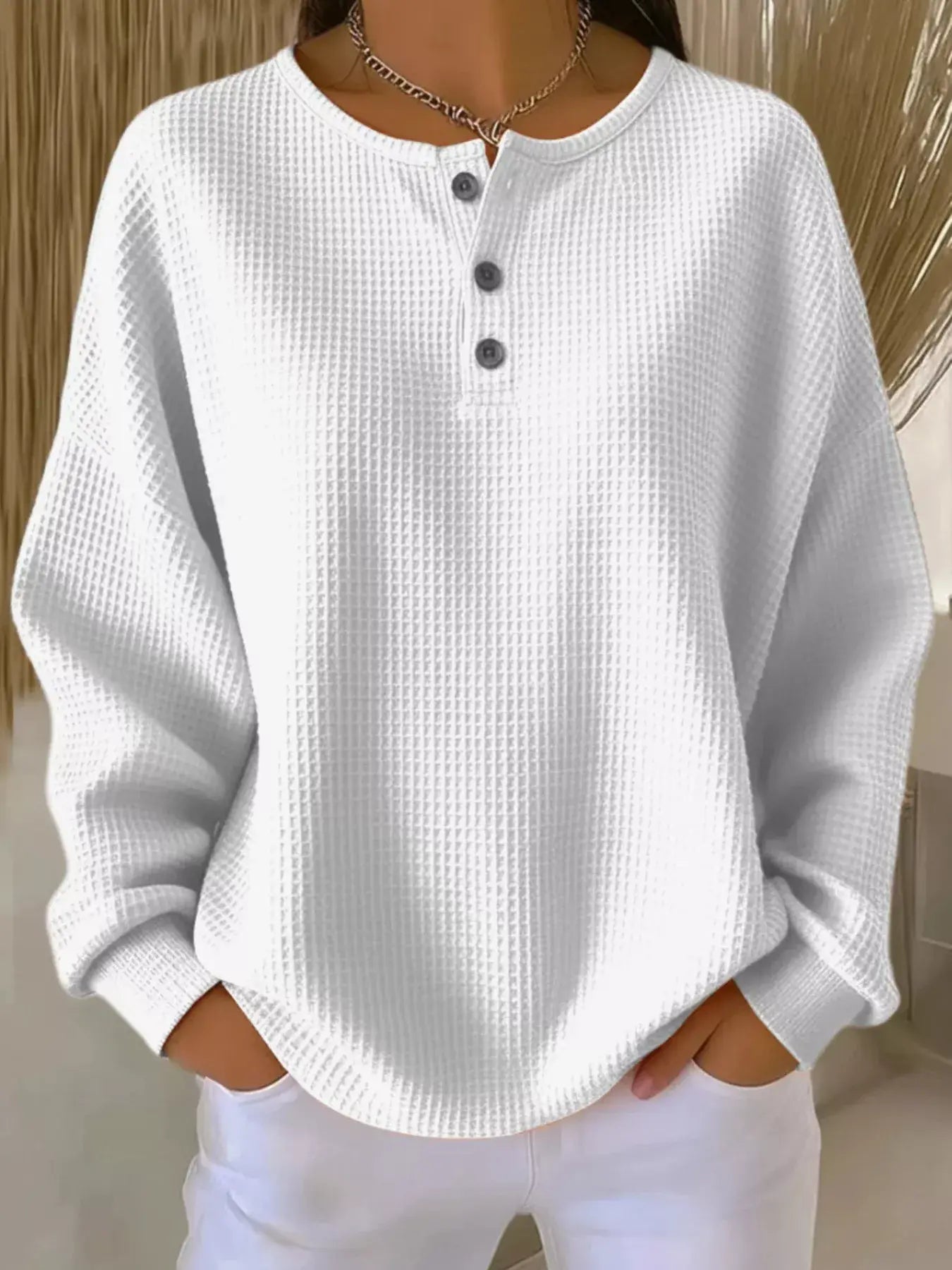 Full Size Casual Waffle Knit Button Detail Pullover Plus Size - Trendsi - Flyclothing LLC