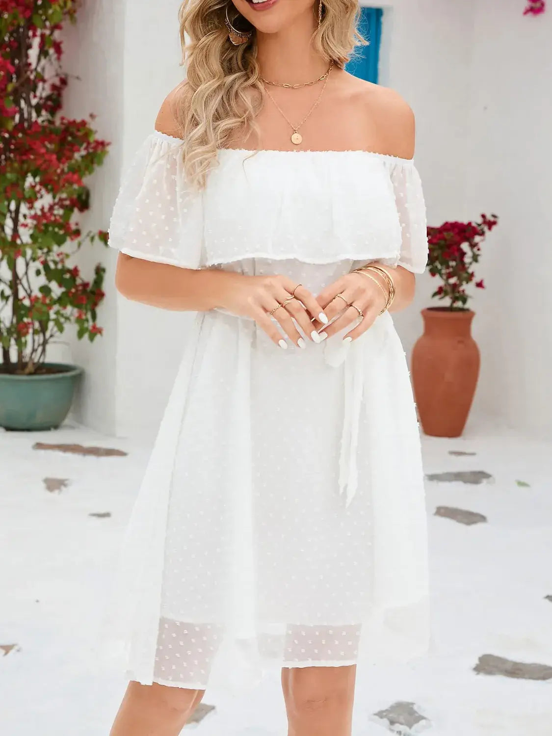Off Should Short Sleeve Mini Dress - Trendsi - Flyclothing LLC