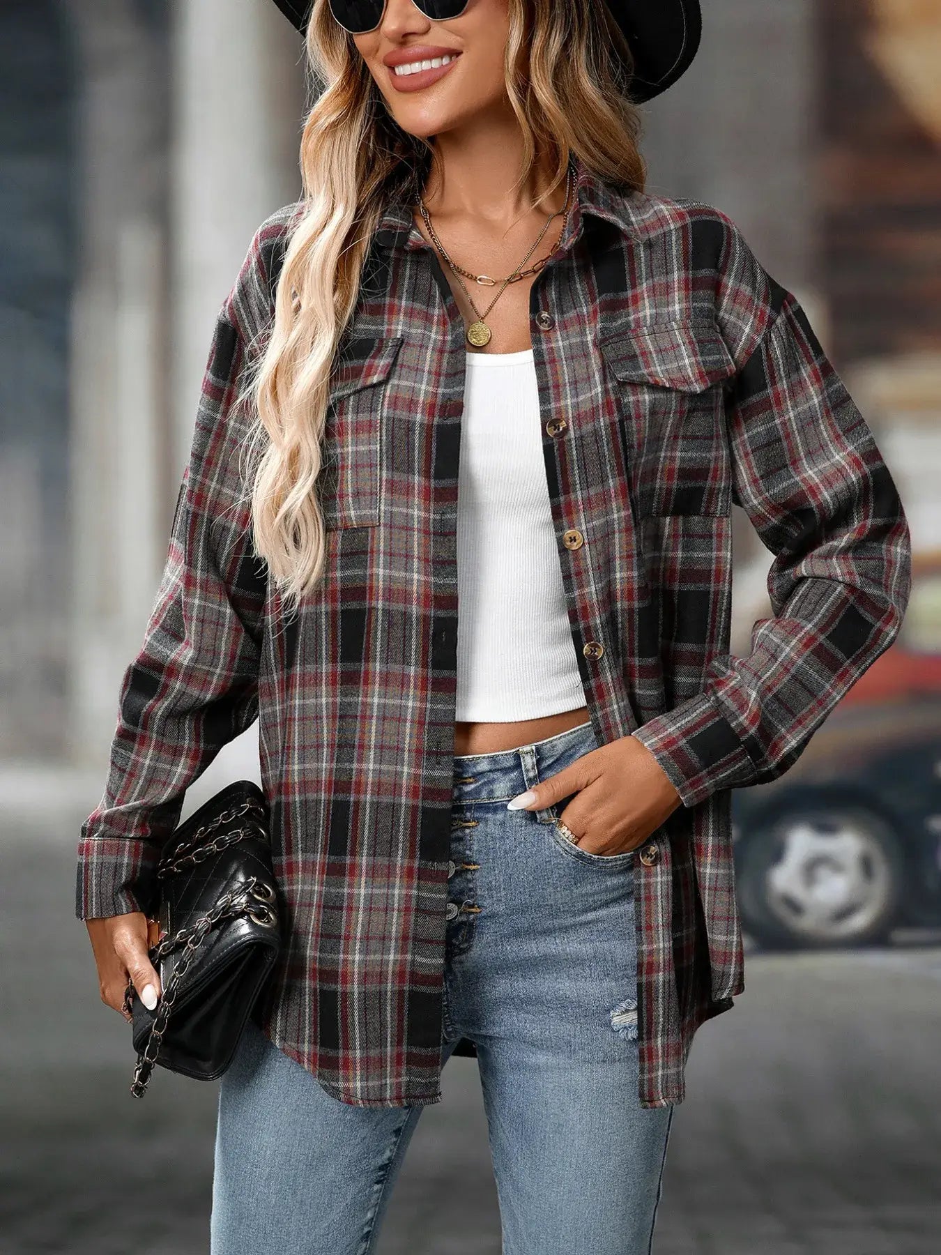 Oversized Plaid Button-Up Shirt - Trendsi - Flyclothing LLC