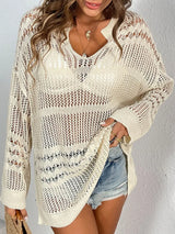 Openwork Notched Long Sleeve Knit Cover Up - Trendsi - Flyclothing LLC