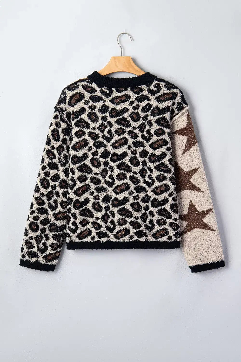Leopard Star Pattern Round Neck Long Sleeve Shift Sweater - Trendsi - Flyclothing LLC