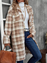Plaid Fleece Button Up Longline Outerwear - Trendsi - Flyclothing LLC