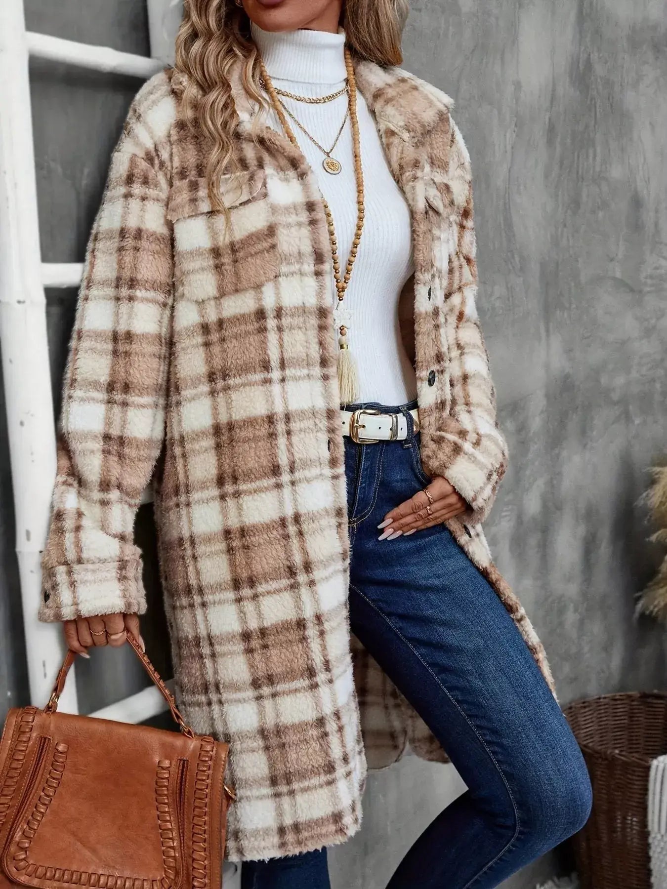 Plaid Fleece Button Up Longline Outerwear - Trendsi - Flyclothing LLC