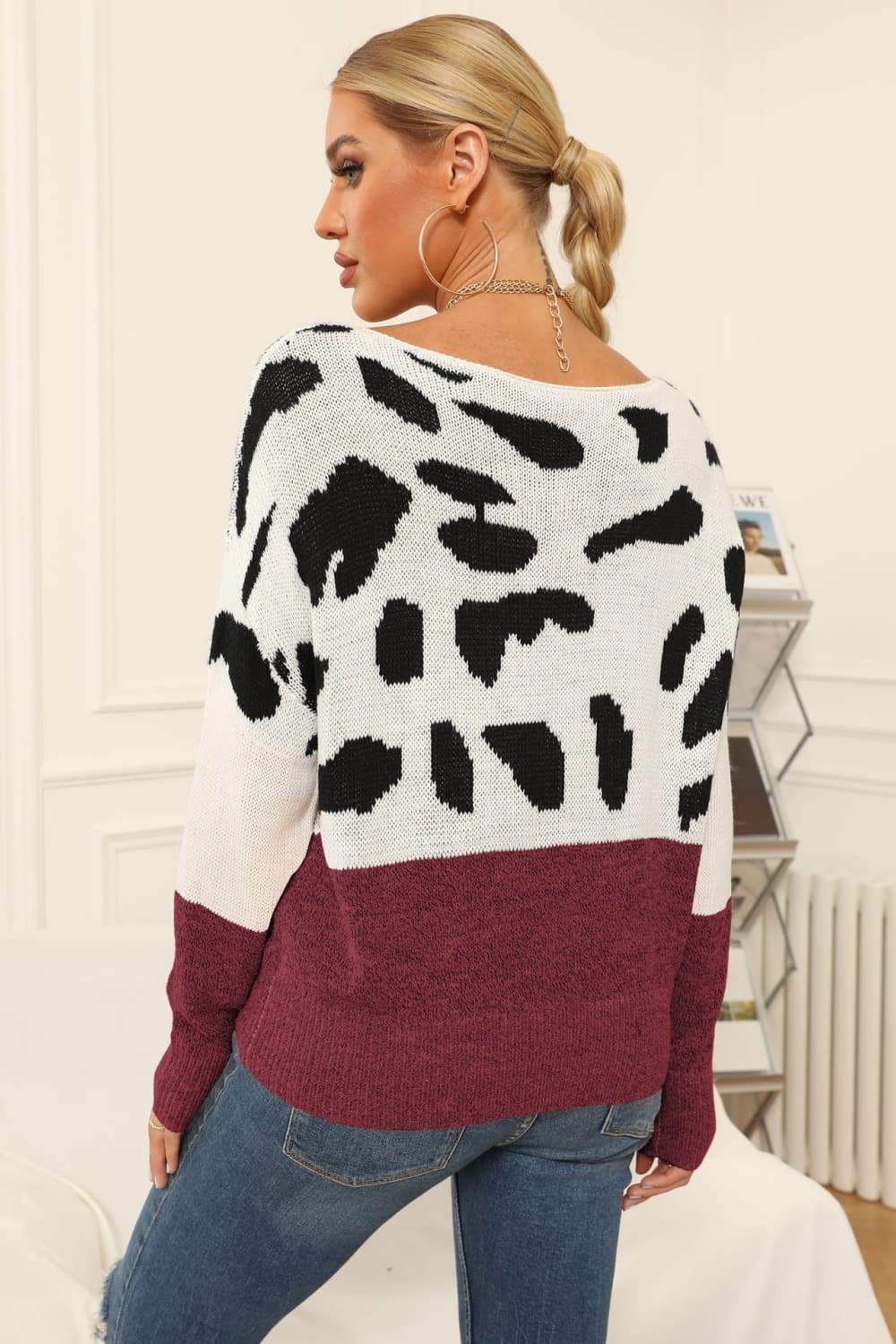 Full Size Two-Tone Boat Neck Sweater - Trendsi - Flyclothing LLC