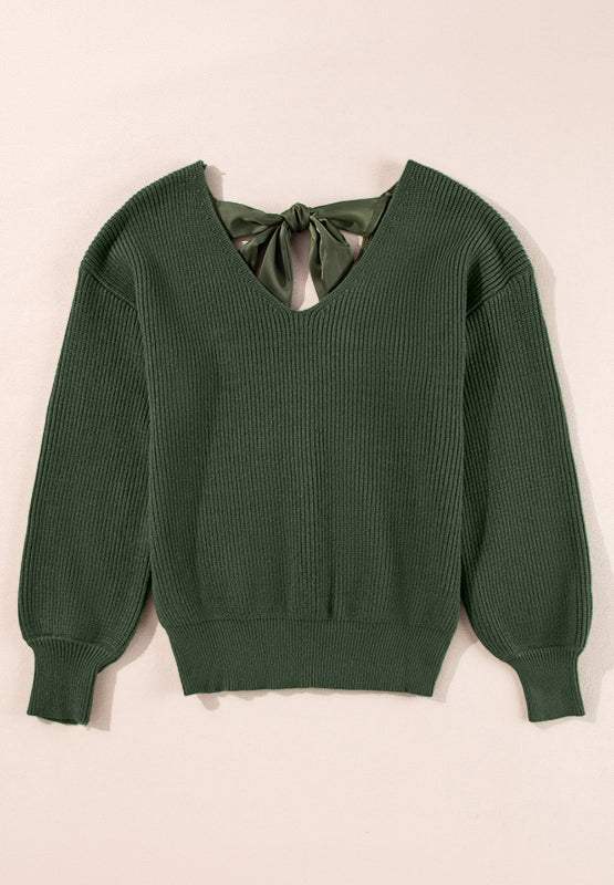 Tied Back V-Neck Long Sleeve Sweater - Trendsi - Flyclothing LLC
