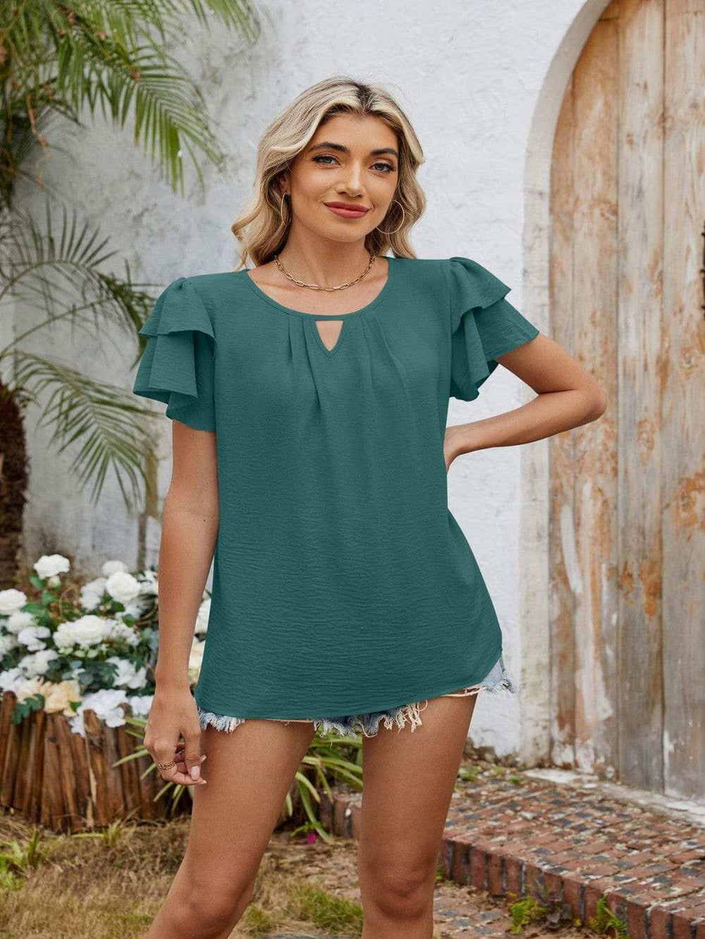 Cutout Round Neck Short Sleeve Blouse - Trendsi - Flyclothing LLC