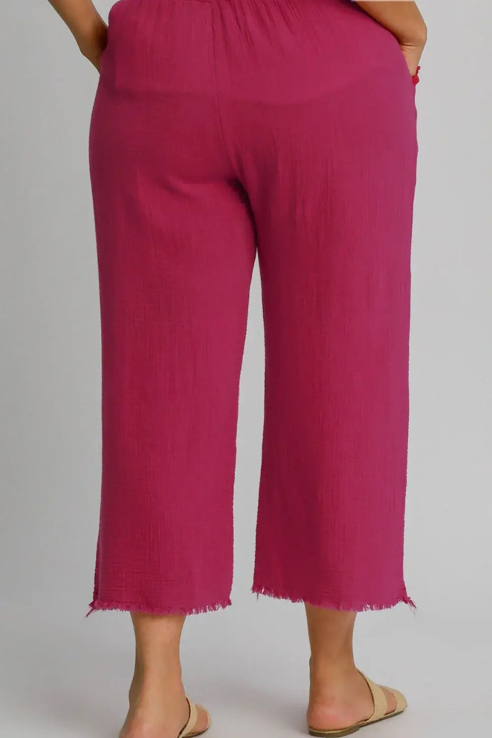 Umgee Full Size Raw Hem Elastic Waist Wide Leg Pants Plus Size - Trendsi - Flyclothing LLC