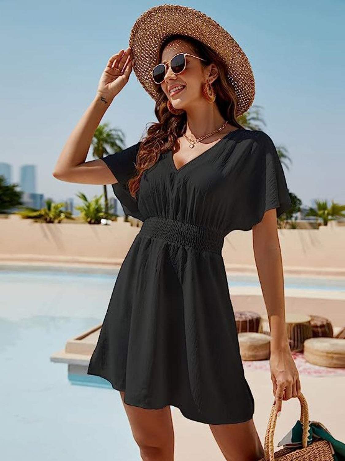 Smocked V-Neck Short Sleeve Dress - Trendsi - Flyclothing LLC