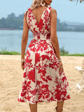 Smocked Printed Surplice Midi Dress - Trendsi