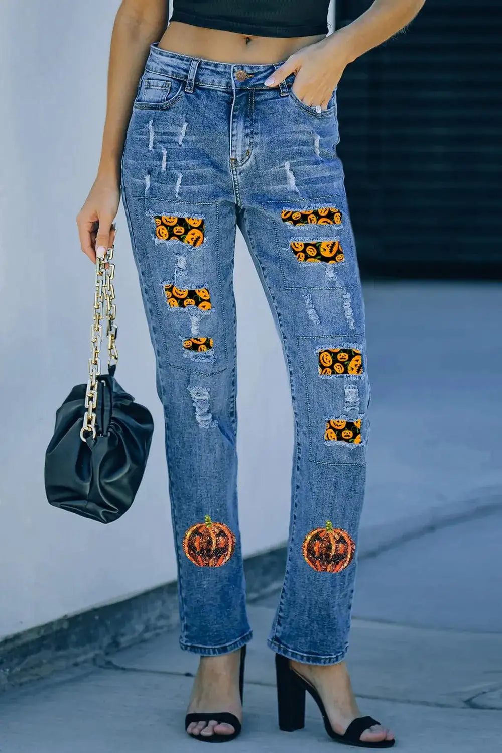 Pumpkin Distressed Straight Jeans - Trendsi