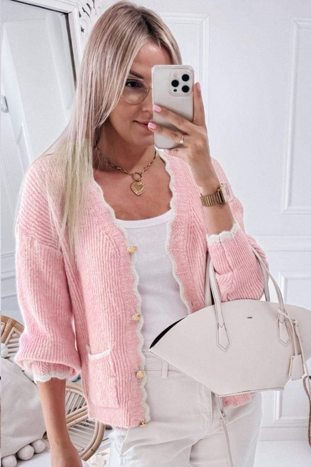 Contrast Trim V-Neck Long Sleeve Cardigan - Trendsi - Flyclothing LLC