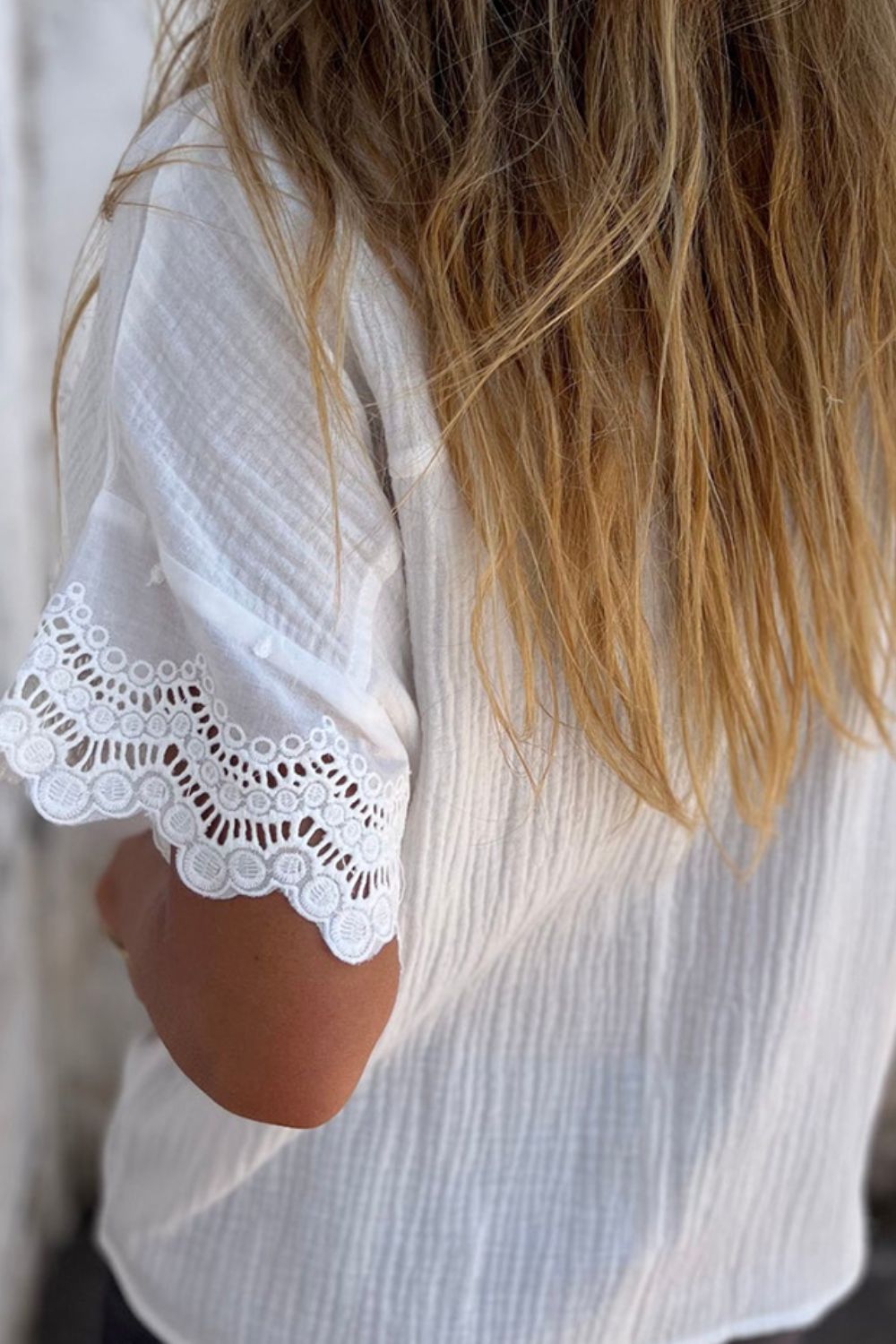 Lace Detail Collared Neck Short Sleeve Blouse