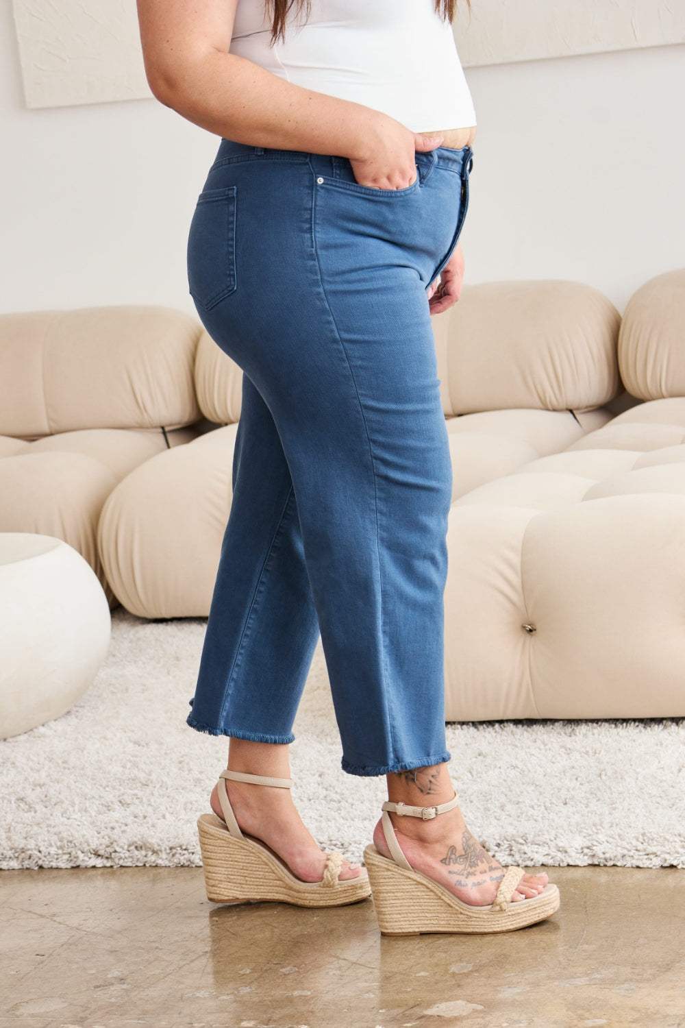 RFM Crop Chloe Full Size Tummy Control High Waist Raw Hem Jeans - Trendsi - Flyclothing LLC